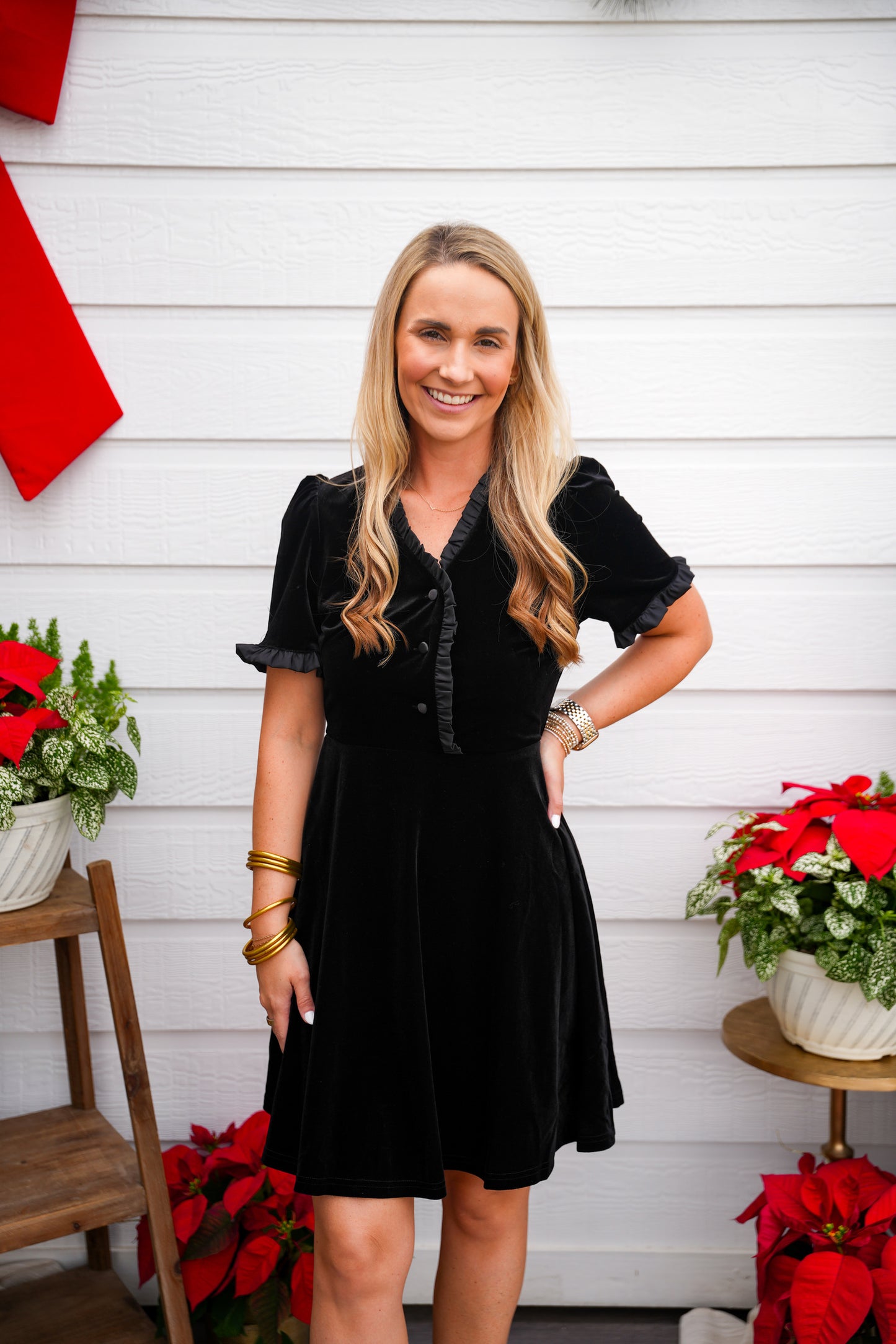 Christmas Holiday Black Velvet Ruffled Mini Dress