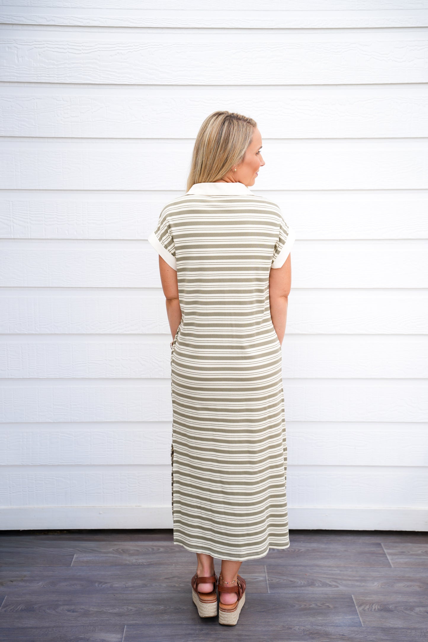 Ivory Sage Striped V-Neck Midi Dress