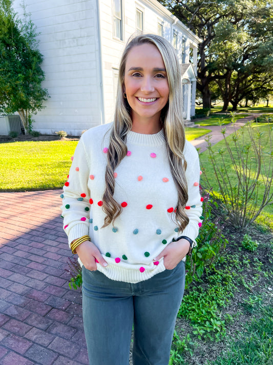 Ivory PomPom Multi Color Sweater - Southern Belle Boutique