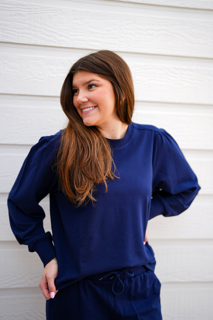 Kanni Crew Neck Puff Sleeve Top - Electric Indigo