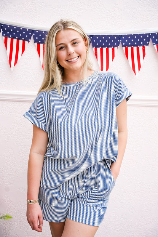Navy Striped French Terry Short Set
