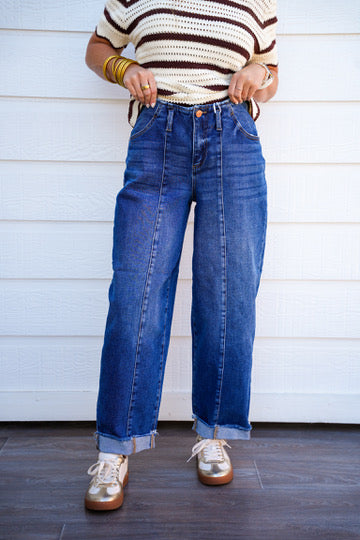 High Rise Fit Barrel Cuffed Jean - Dark Wash