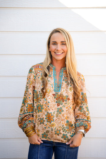 Taupe Teal Paisley Border Printed Top