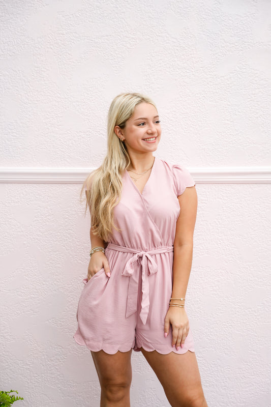 Scalloped Hem Romper with Self-Tie Ribbon