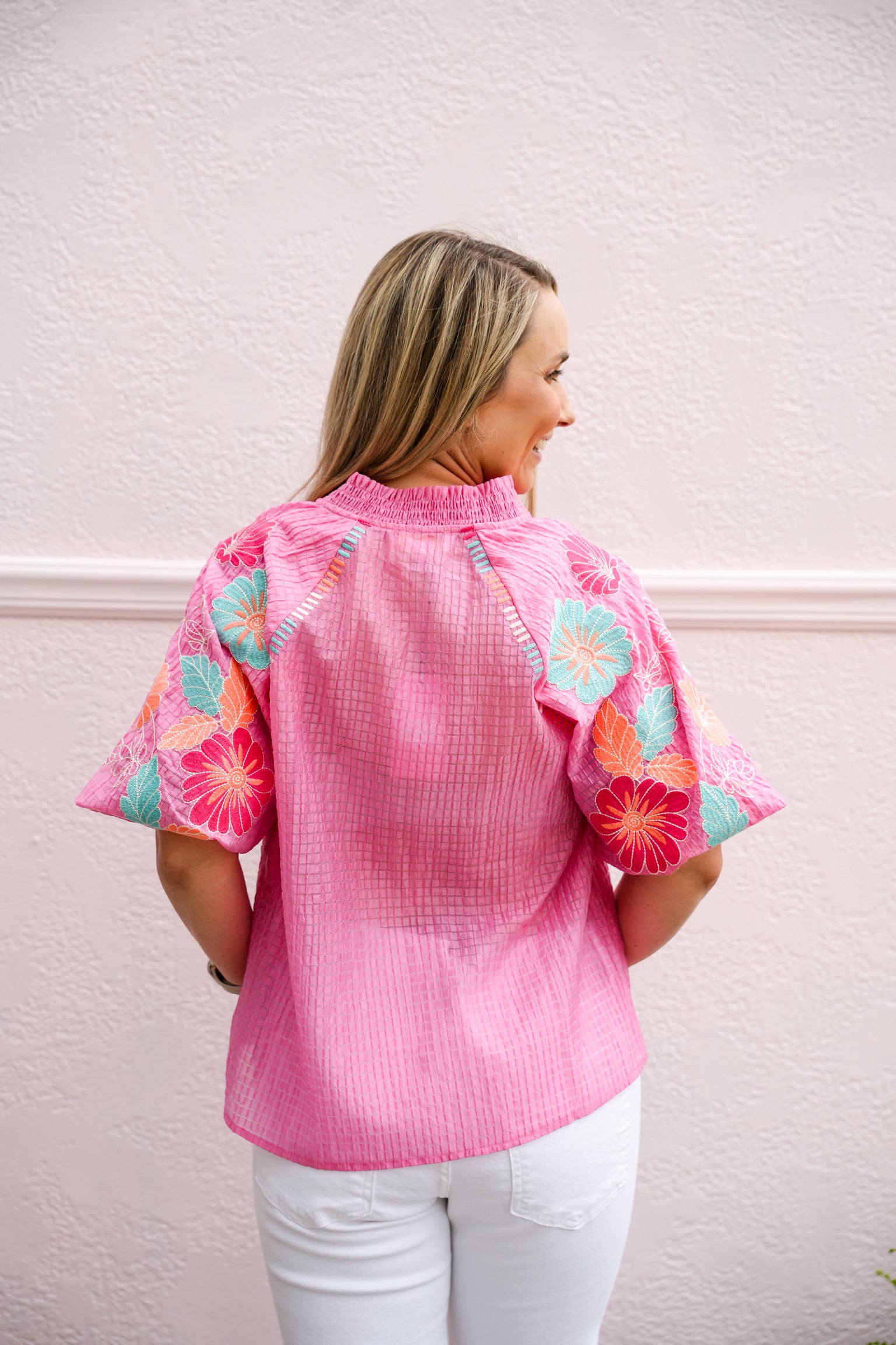 Embroidered Puff Sleeve Textured Top - Pink - Southern Belle Boutique