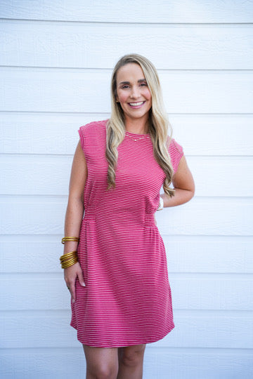 Striped Crew Neck Mini Dress - Crimson Red