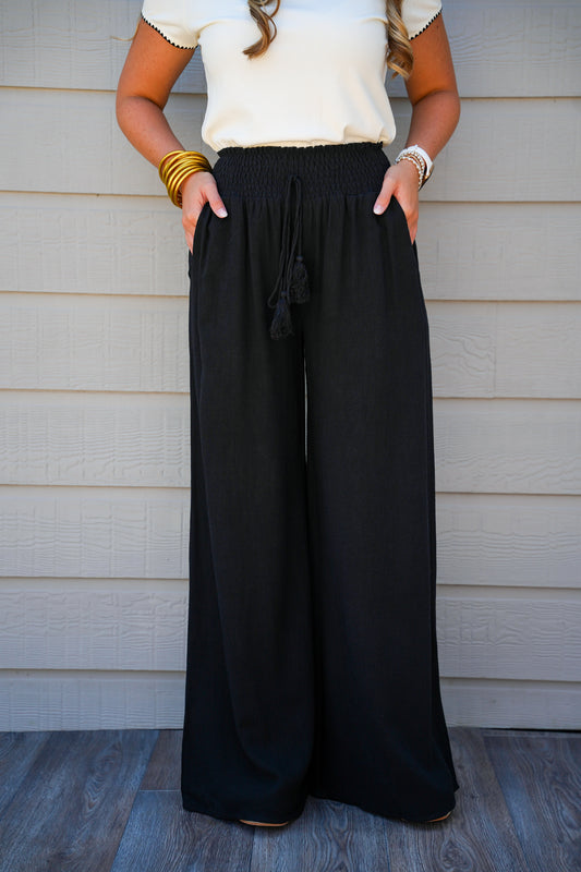 Cotton Linen Smocked Waist Pants with Tassel - Black - Southern Belle Boutique