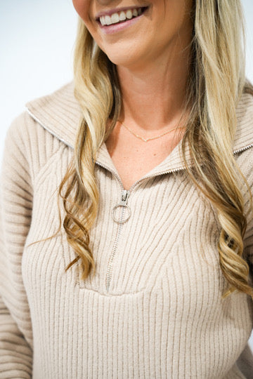 Taupe Half Zip Balloon Sleeve Sweater