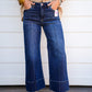 Tummy Control Mid Rise Crop Wide Pintuck Front Jeans - Deep Blue