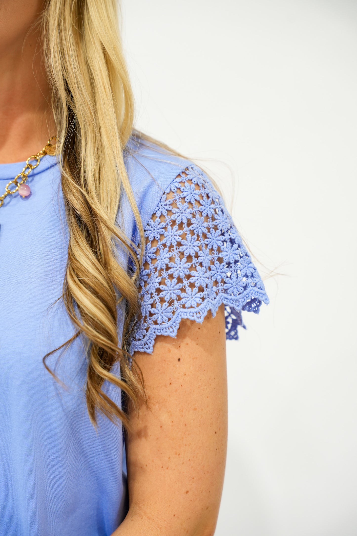 Blue Scalloped Lace Sleeve Top - Southern Belle Boutique