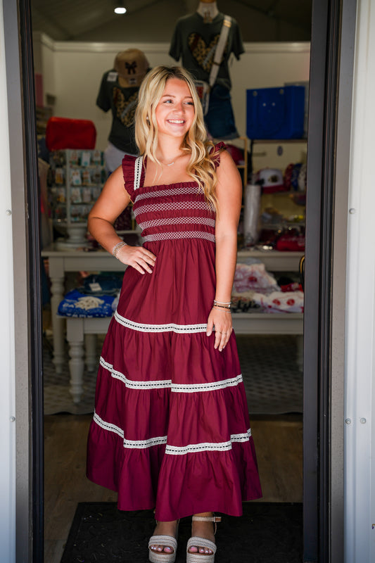 Burgundy Smocked Ruffle Cap Sleeve Dress