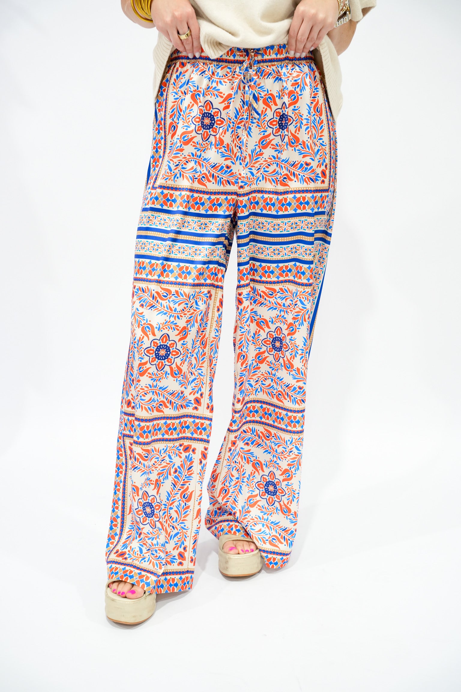 Coral Blue Scarf Print Wide Leg Pant - Southern Belle Boutique
