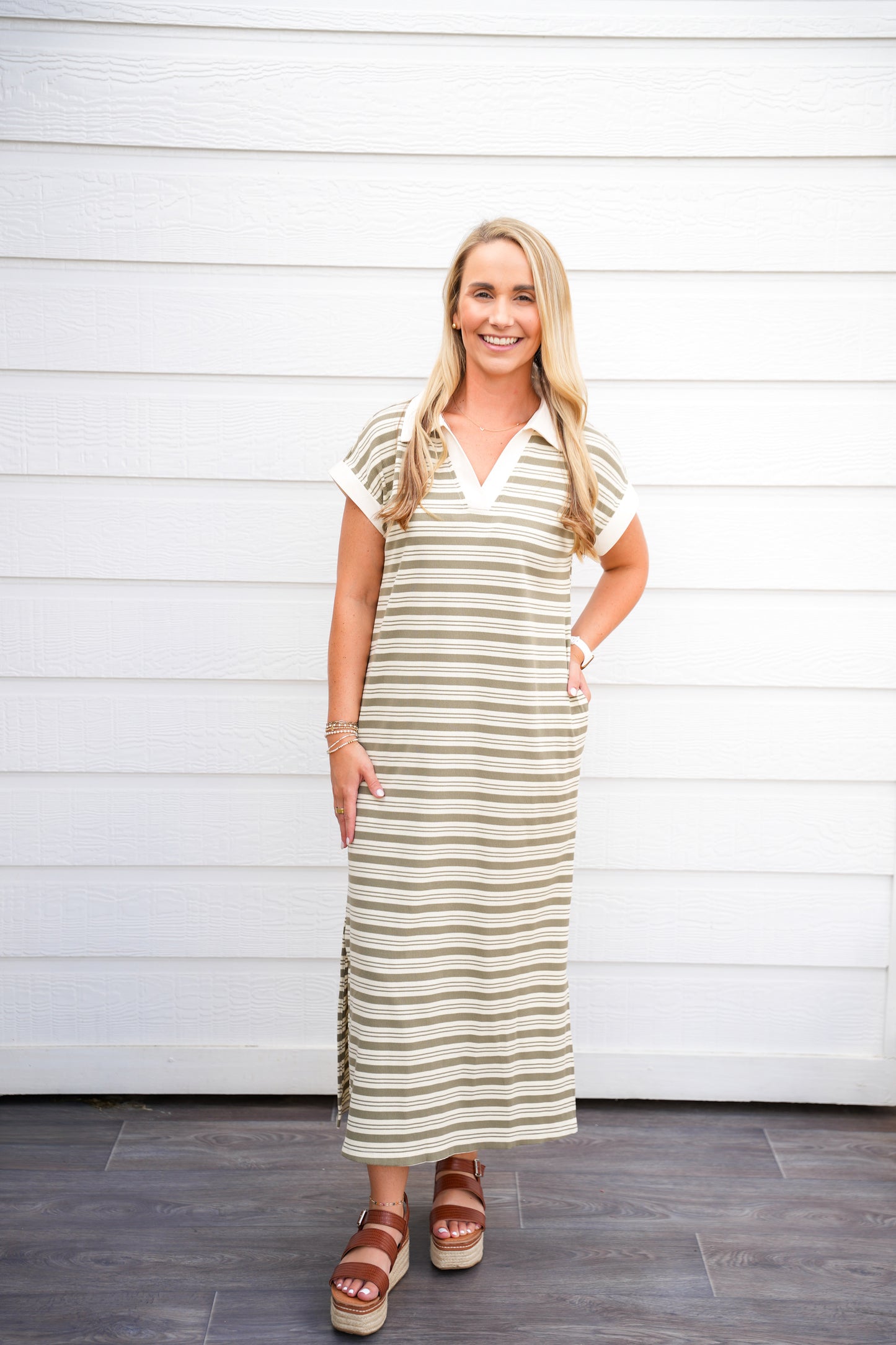 Ivory Sage Striped V-Neck Midi Dress