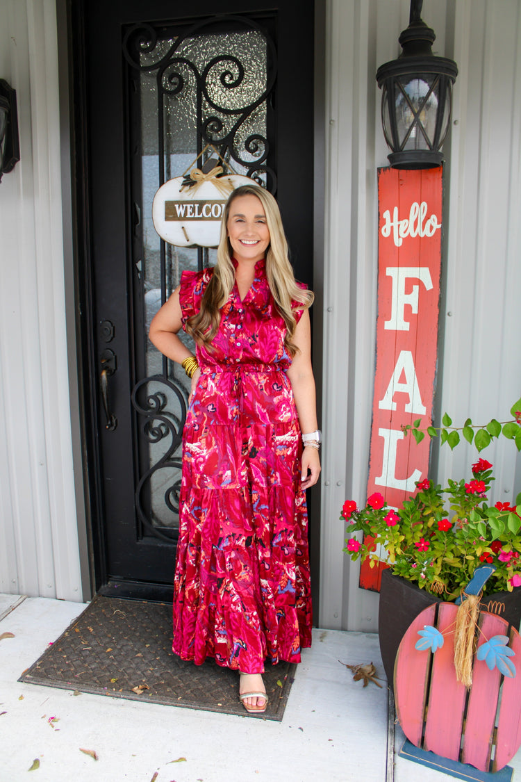 Satin Print Maxi Dress - Deep Pink