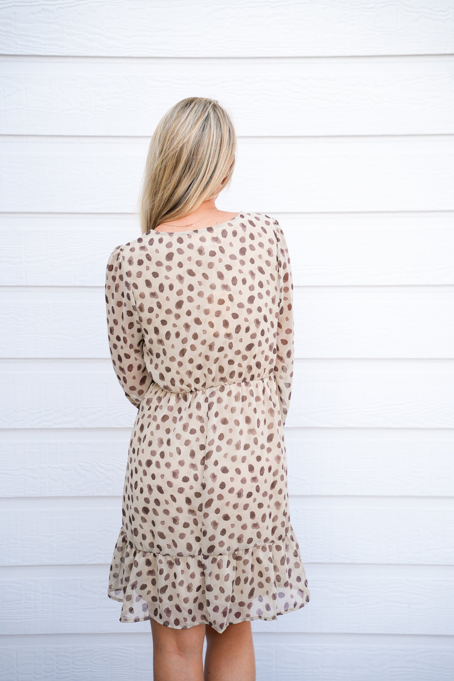 Tan Brown Spotted VNeck Front Tie Mini Dress