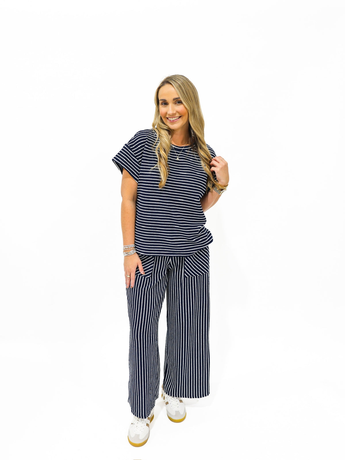 Navy Blue Striped Pant Set
