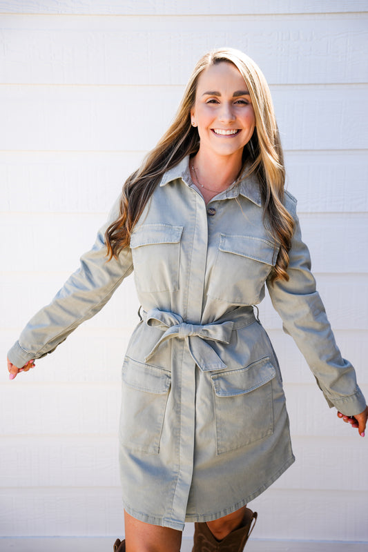 Alva Cargo Belted Dress - Olive - Southern Belle Boutique