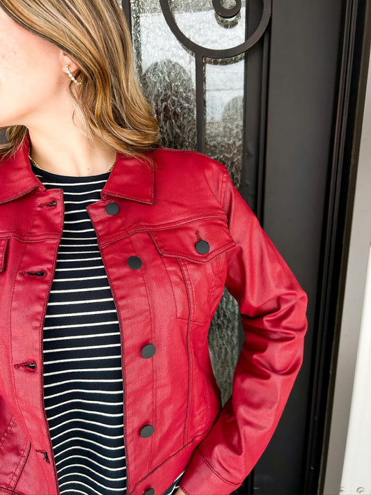 Julia Coated Crop Denim Trucker Jacket - Red M - Southern Belle Boutique
