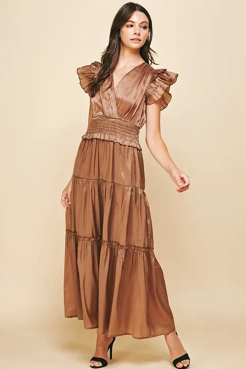 Mocha Satin Tiered Maxi Dress