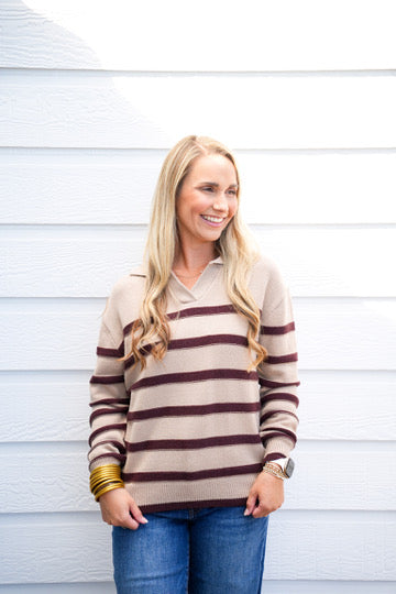Brown Striped VNeck Sweater