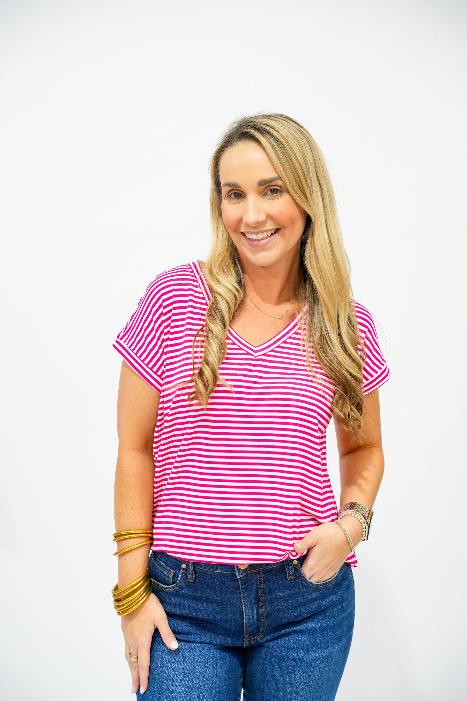 Fuchsia Striped VNeck Top - Southern Belle Boutique