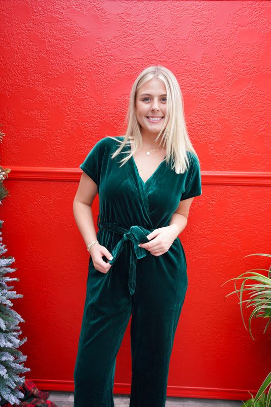 Velvet Romper Jumpsuit - Hunter Green - Southern Belle Boutique
