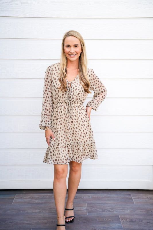 Tan Brown Spotted VNeck Front Tie Mini Dress