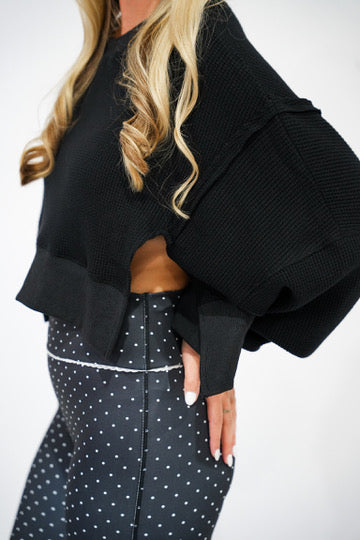 Waffle Knit Oversized Long Sleeve Top - Black - Southern Belle Boutique