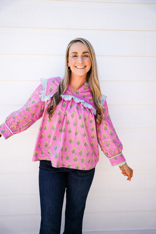 Lilac Ruffle Sleeve Floral Blouse - Southern Belle Boutique