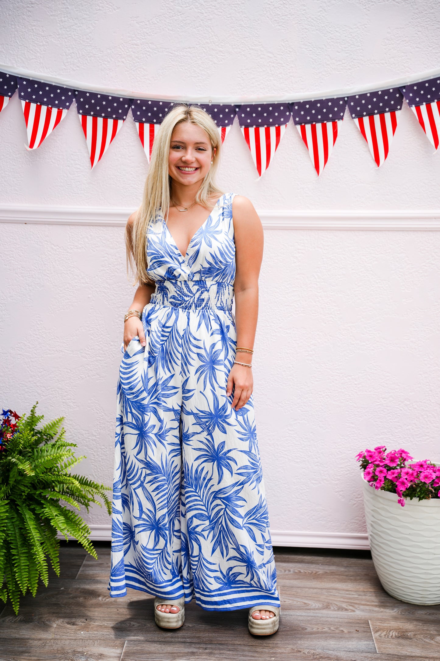 Tropical Print Royal Blue Jumpsuit