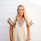 Flutter Sleeve Embroidered Trim Top In Taupe