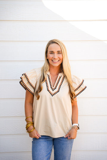 Flutter Sleeve Embroidered Trim Top In Taupe