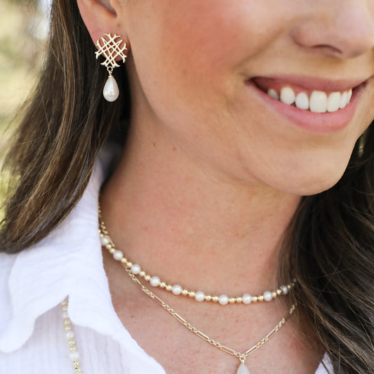 Adorned Logo Pearl Drop Earrings, Gold - Southern Belle Boutique