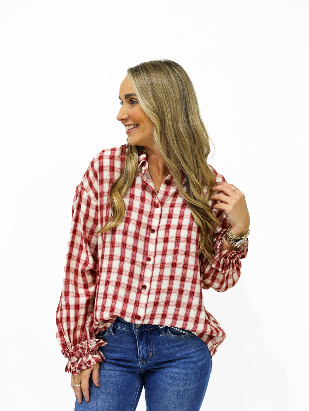 Burgundy Gingham Plaid Ruffle Cuff Shirt