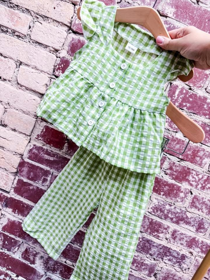 Green Gingham Ruffle Pant Set - Southern Belle Boutique