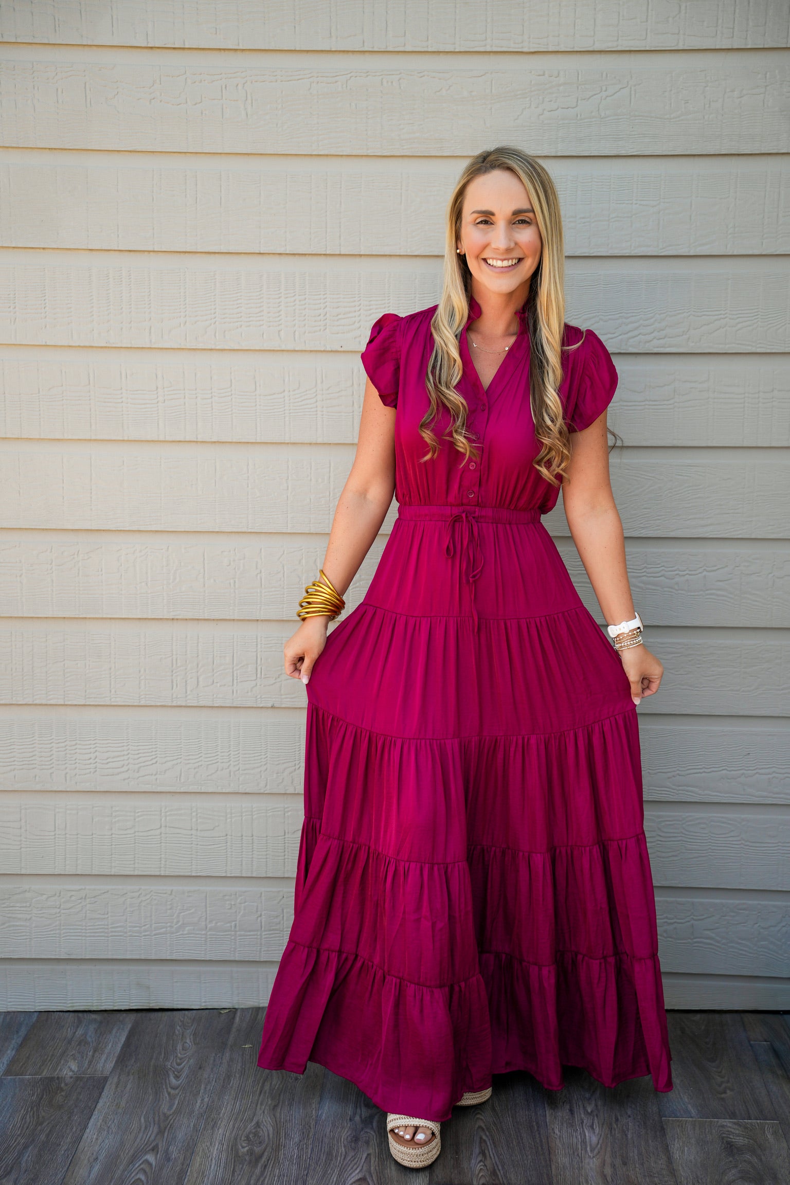 Satin Tiered Maxi Dress - Fall Red Satin Tiered Maxi Dress - Fall Red