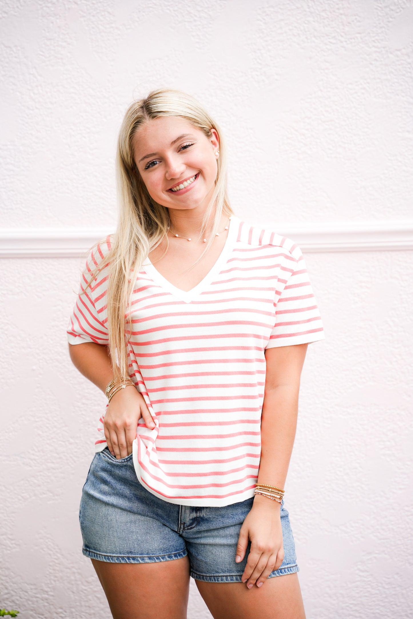 Ivory Coral Striped VNeck Sweater - Southern Belle Boutique