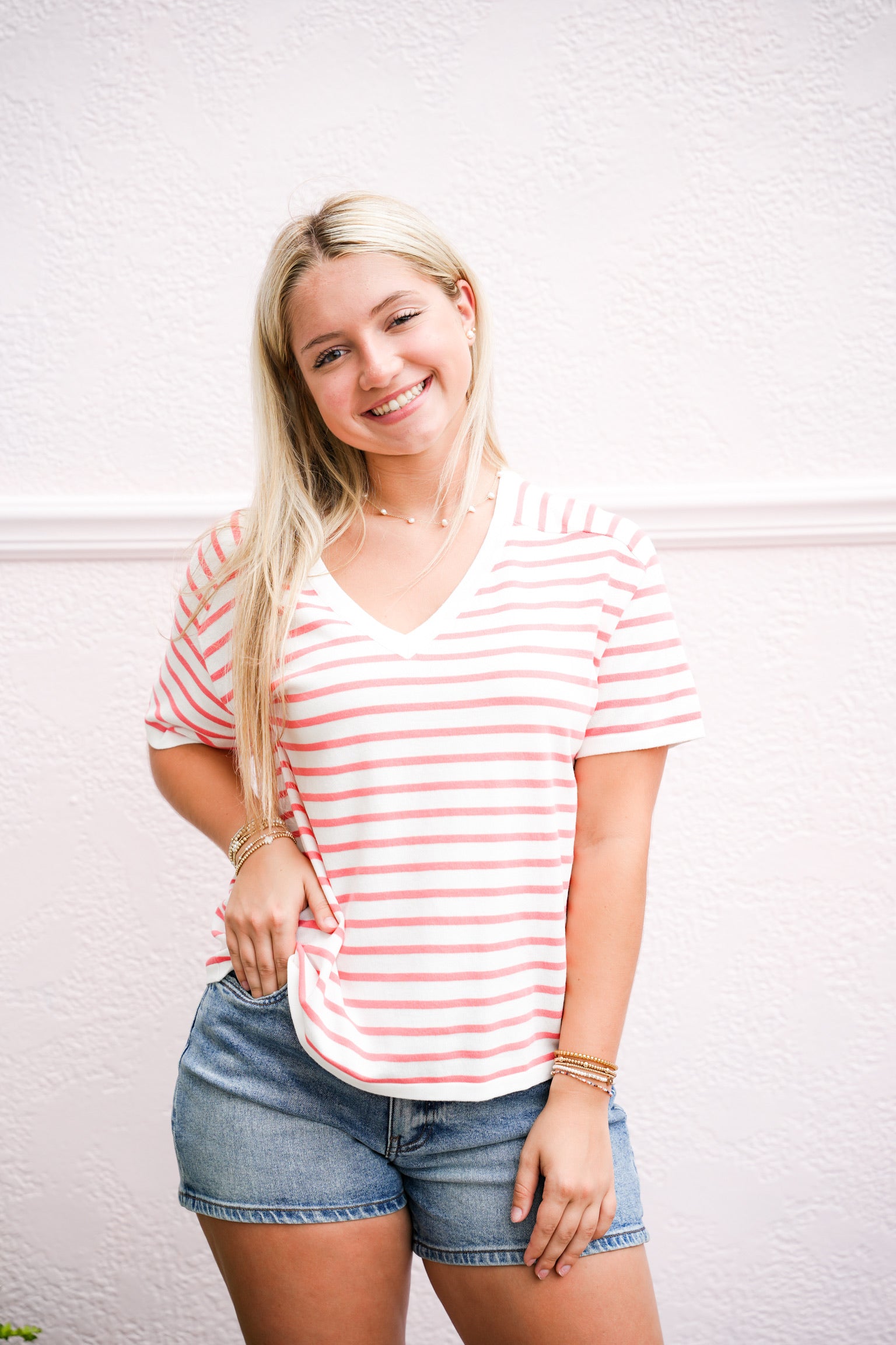 Ivory Coral Striped VNeck Sweater - Southern Belle Boutique