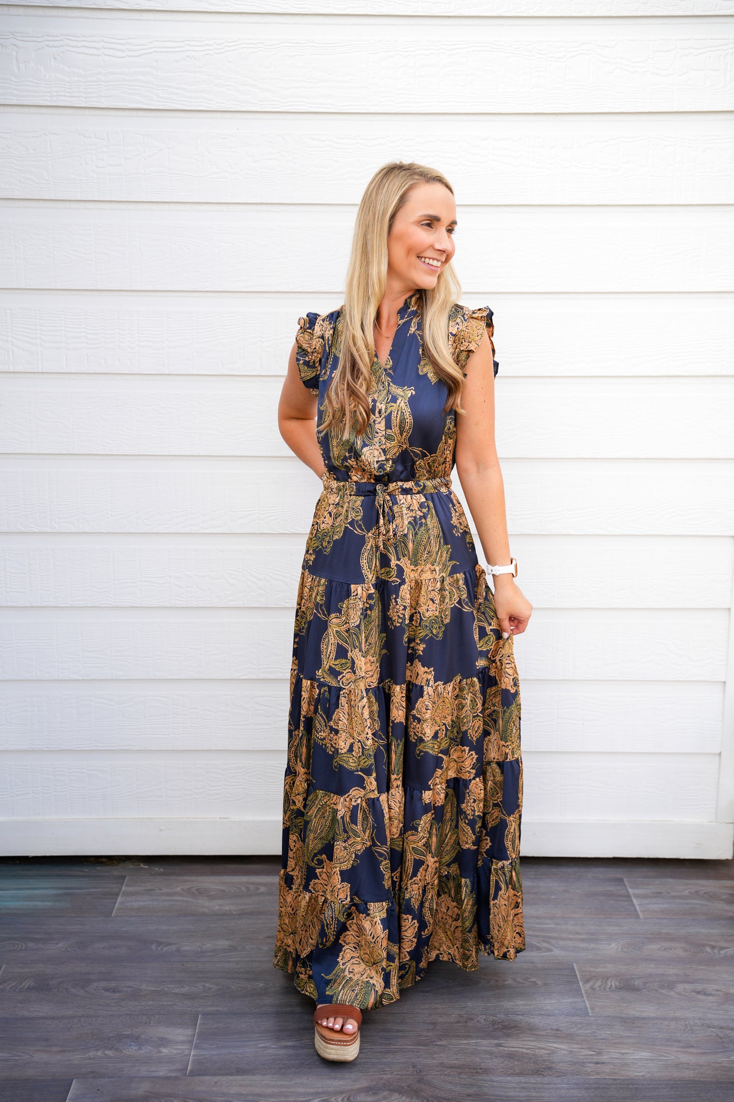 Gold Ink Floral Tiered Maxi Dress