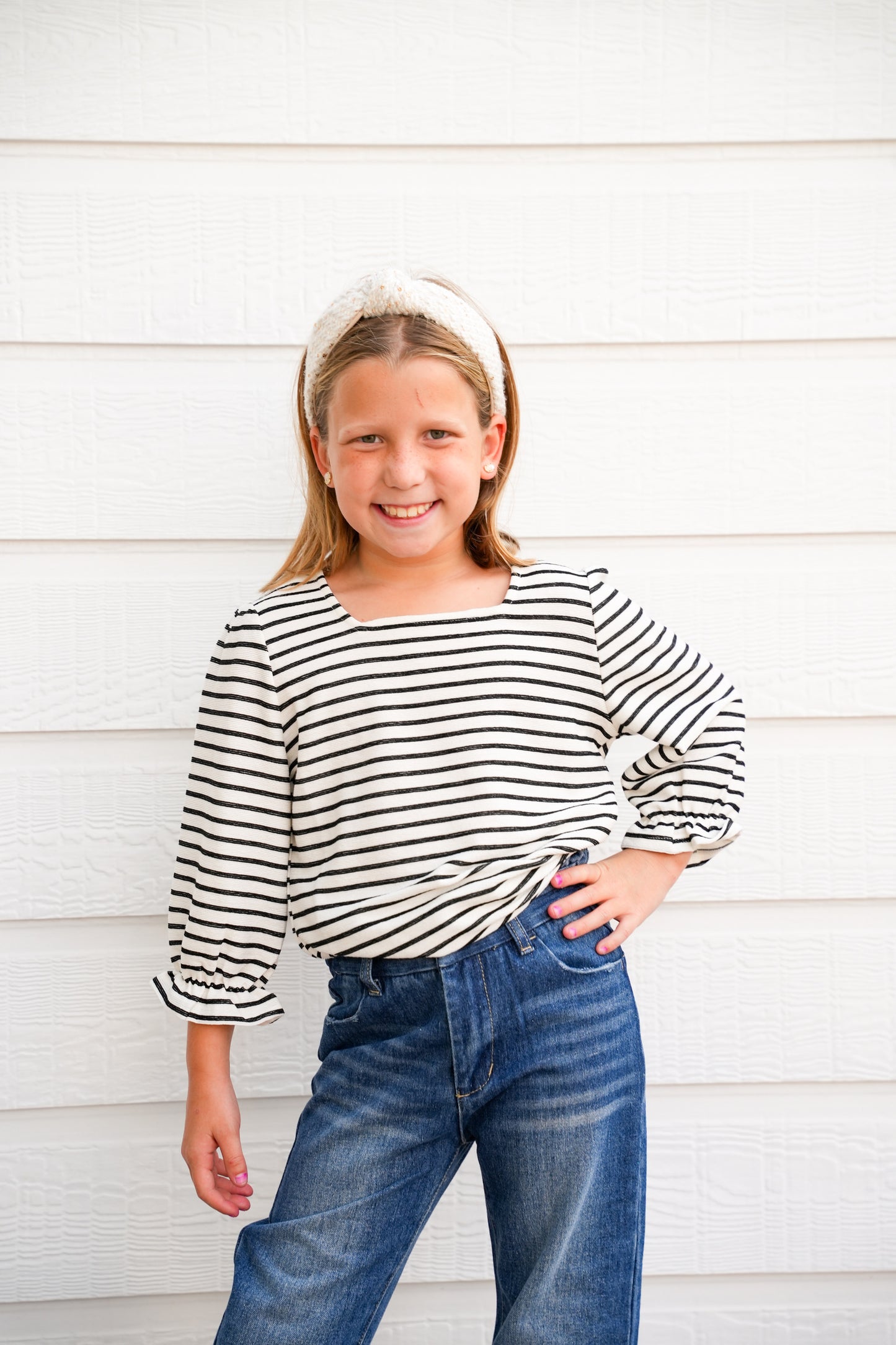 White Black Striped Square Neck Top