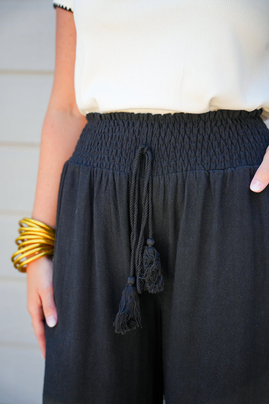 Cotton Linen Smocked Waist Pants with Tassel - Black - Southern Belle Boutique