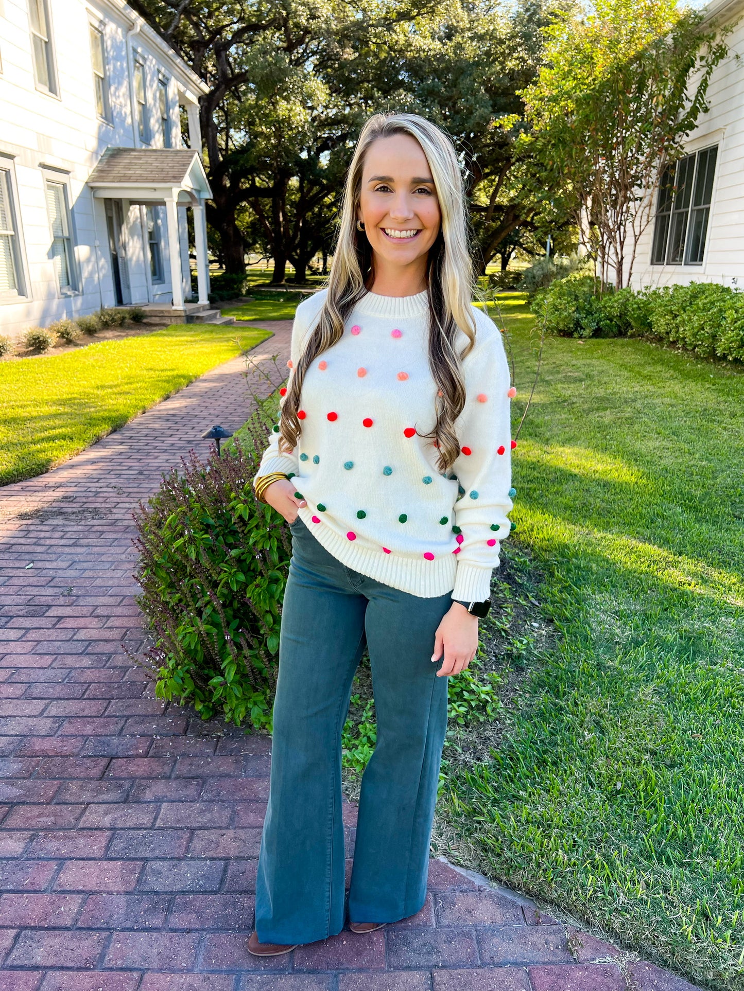 Ivory PomPom Multi Color Sweater - Southern Belle Boutique