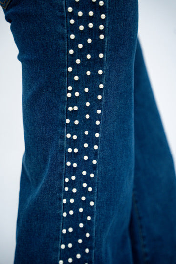 Mid Rise Flare Jean w/Split Cuff - Pearl Embellishment (Dark)