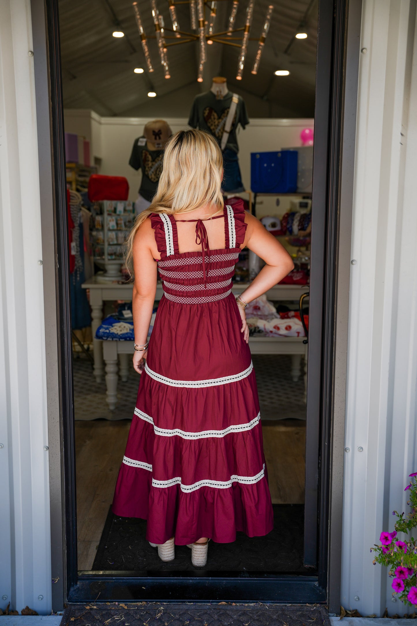 Burgundy Smocked Ruffle Cap Sleeve Dress - Southern Belle Boutique