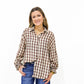 Brown Gingham Plaid Ruffle Cuff Shirt