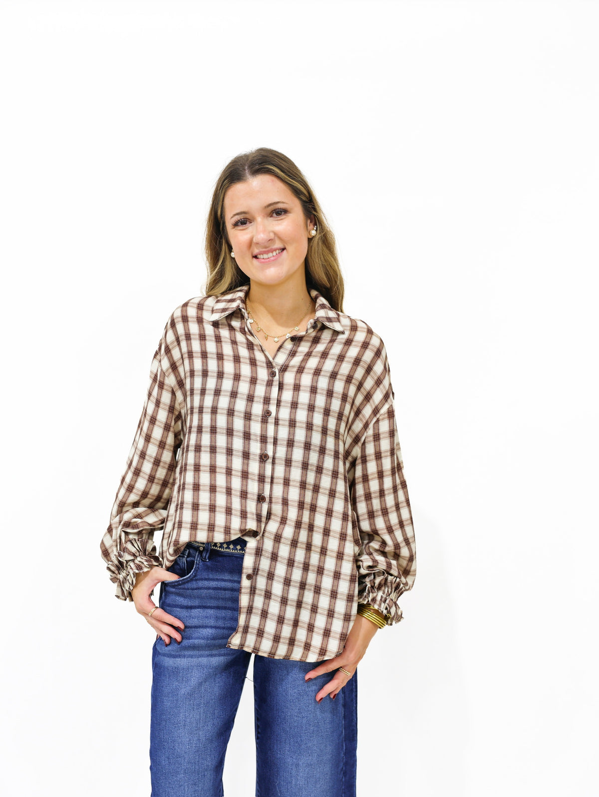 Brown Gingham Plaid Ruffle Cuff Shirt