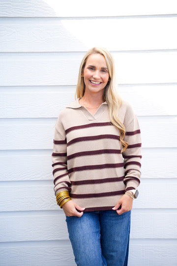 Brown Striped VNeck Sweater