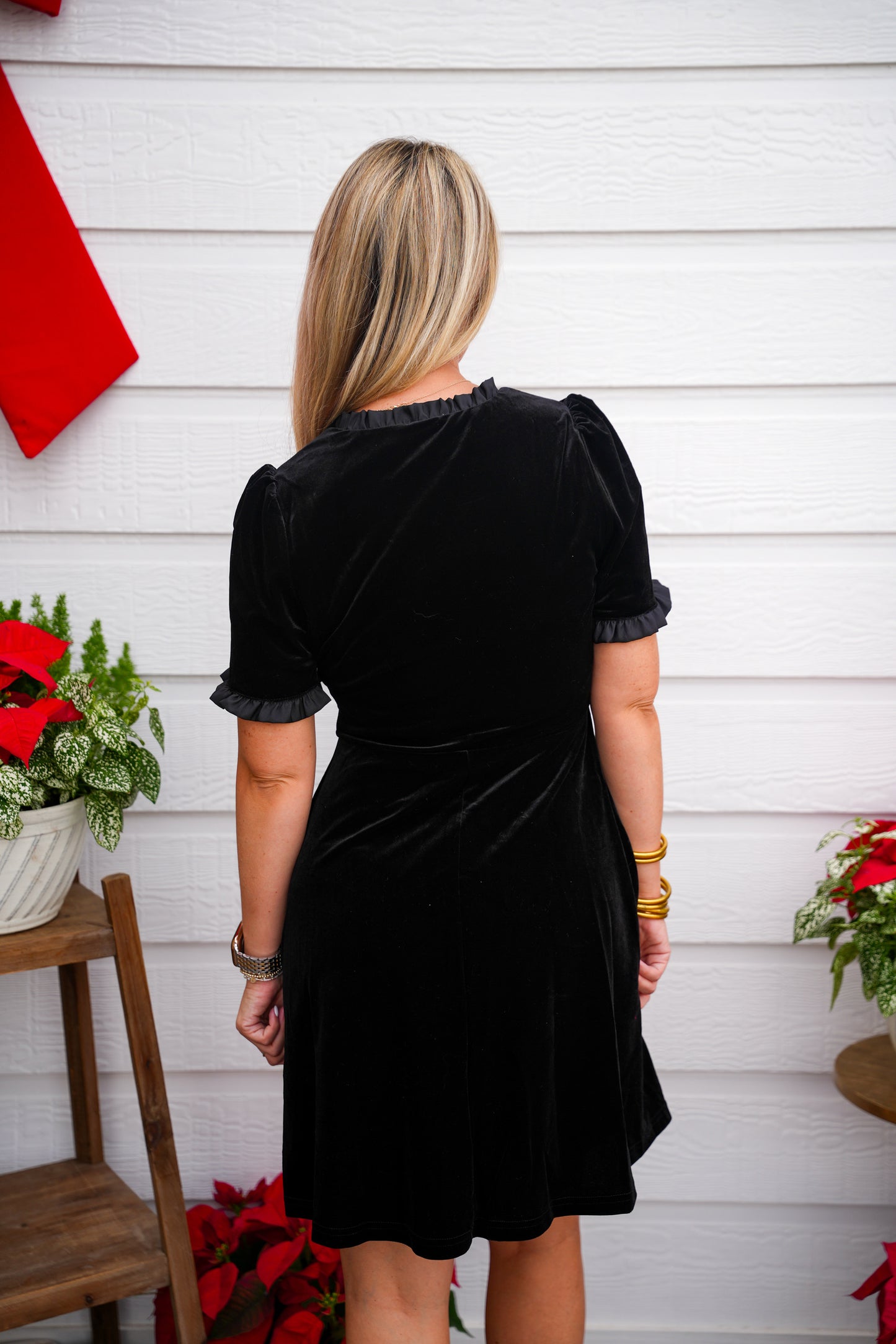Christmas Holiday Black Velvet Ruffled Mini Dress