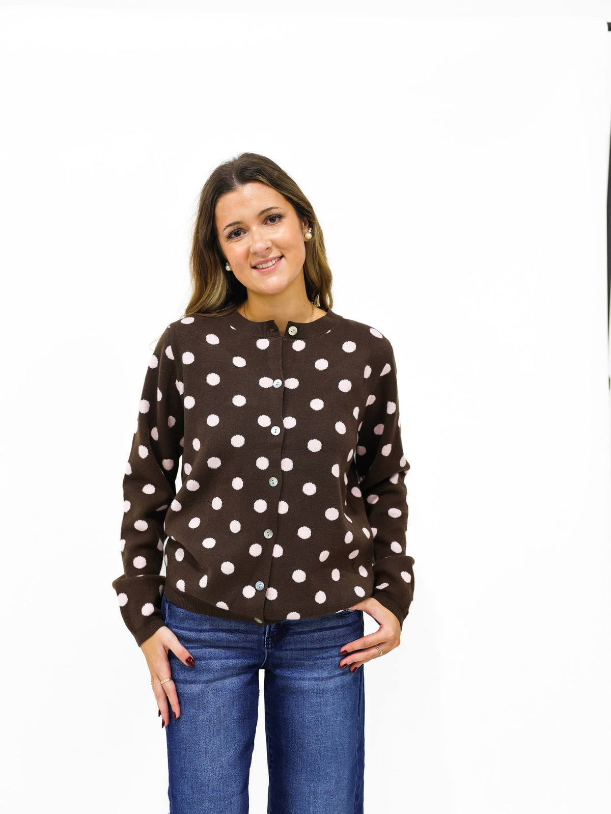 Brown Cardigan w/Pink Polka Dots - Southern Belle Boutique
