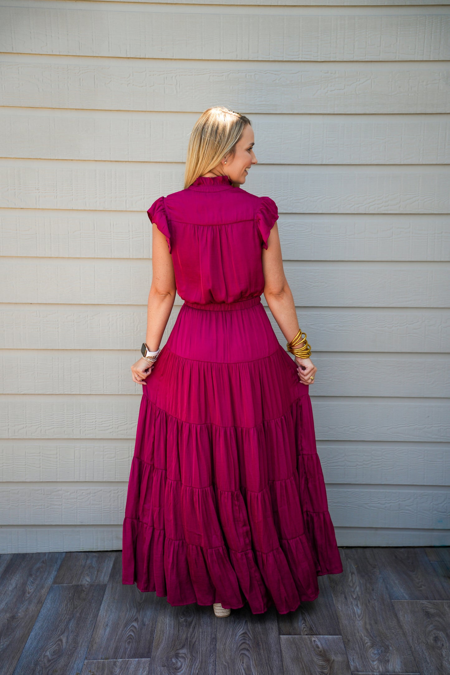 Satin Tiered Maxi Dress - Fall Red